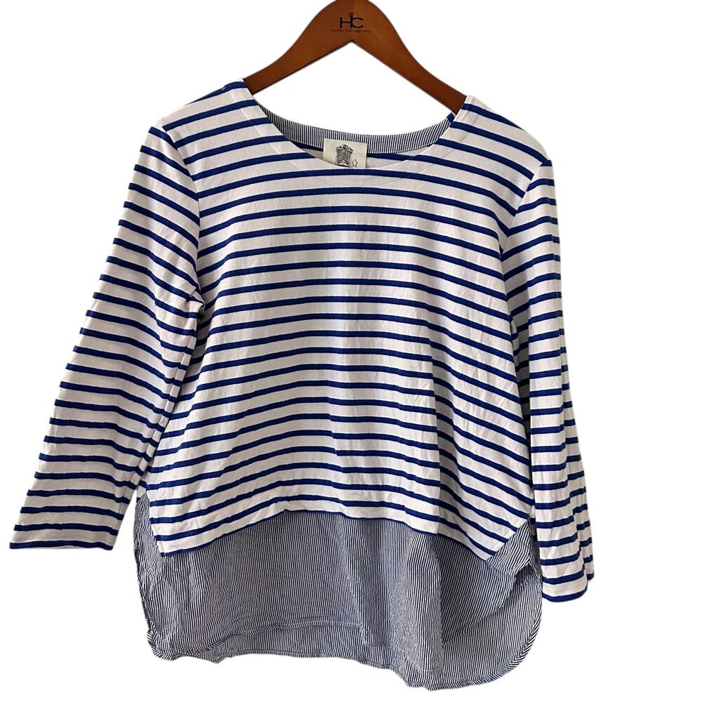 Lily’s Closet Blue & White Striped 3/4‎ Sleeve Boxy Jersey Cotton Blouse Size M